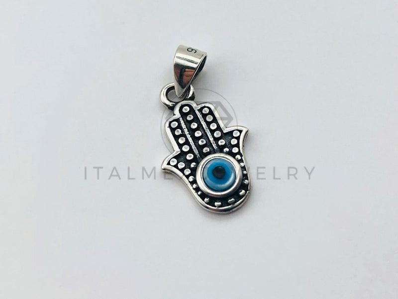 Dije No Religioso - 105934 - Diseño Mano Hamsa y Ojo Turco Azul Plata .925