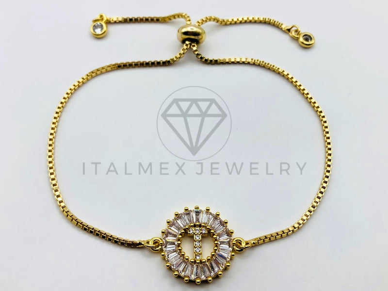 Pulsera Ajustable - 102556 - Diseño de Inicial "T" CZ Clara - Oro Laminado 18K