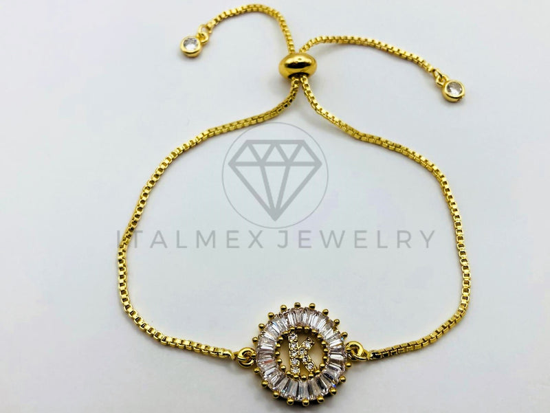 Pulsera Ajustable - 102636 - Diseño de Inicial "K" Circonia Clara - Oro Laminado 18K
