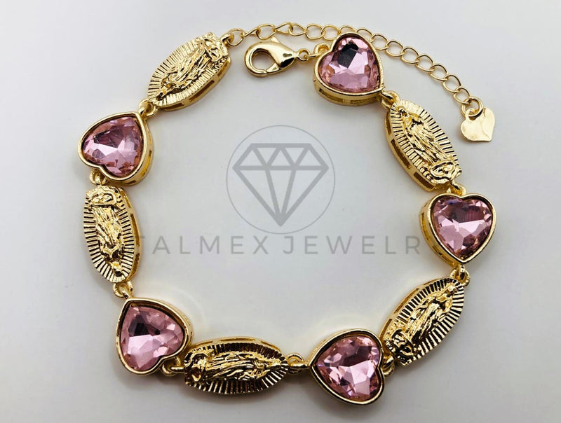 Pulsera de Lujo - 105975 -Diseño Virgen de Guadalupe y Circonia Corazon Rosa - Oro Laminado