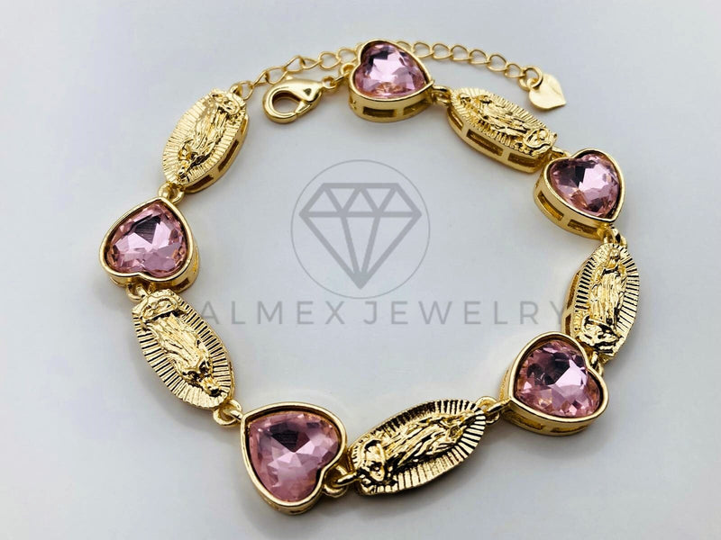 Pulsera de Lujo - 105975 -Diseño Virgen de Guadalupe y Circonia Corazon Rosa - Oro Laminado