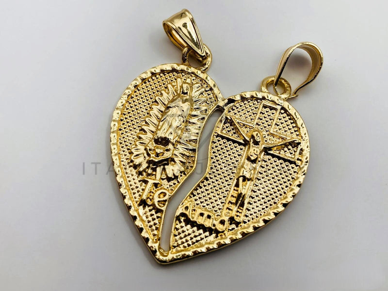 Dije de Lujo - 102351 - Corazón Partido Virgen y Cristo Tamaño Mediana - Oro Laminado 18K