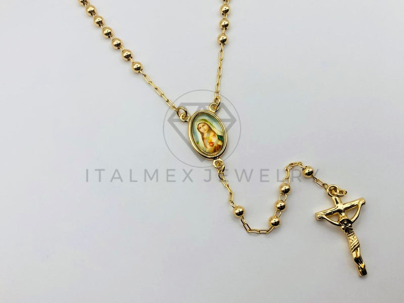 Rosario de Lujo - 105904 - Estilo Clásico Bola Lisa con Medalla de Nuestra Señora Oro Laminado 18K