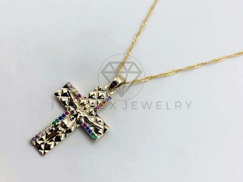 Collar Elegante - 106262 - Collar de Cruz con Circonia de Color - Oro Laminado
