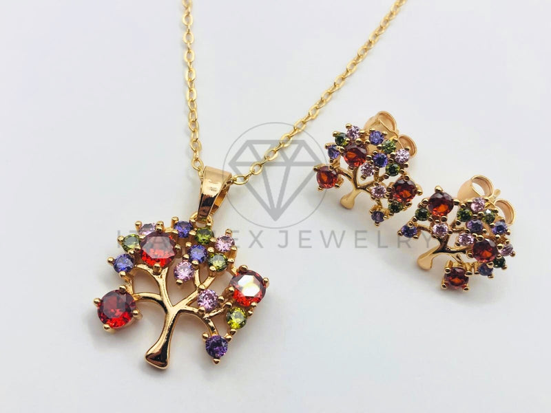 Juego de Lujo - 102910 - Diseño de Árbol con Circonia de Colores -  Oro Laminado 18K