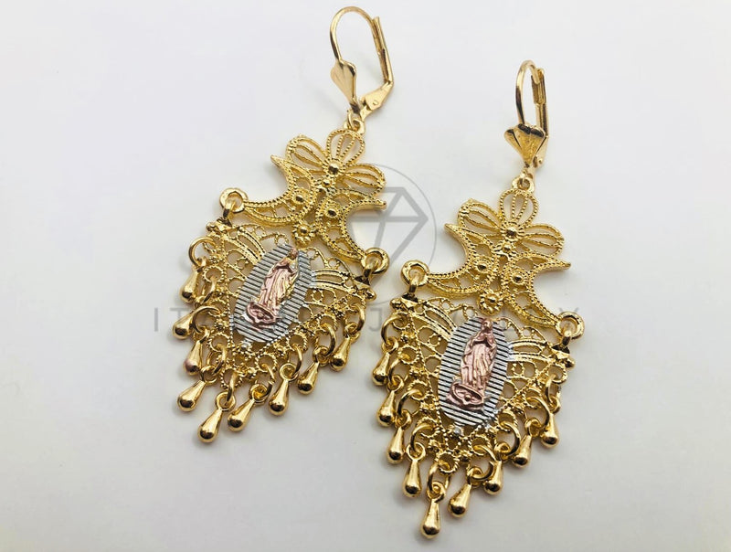 Arete de Lujo - 102891 - Arete de Filigrana con Virgen Guadalupe Oro Laminado 18K
