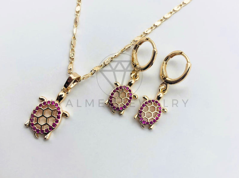 Juego de Lujo - 103658 - Diseño de Tortugas Circonia Rosa - Oro Laminado 18K