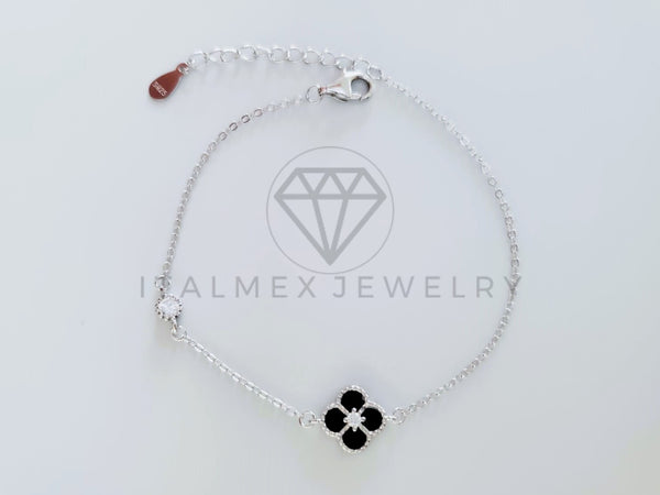Pulsera de Lujo - 104776 - Diseño Trebol Negro Circonia Clara Plata Fina .925