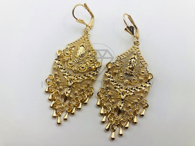 Arete de Lujo - 102902 - Arete Largo Filigrana con Virgen y Cristo Oro Laminado 18K