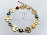 Pulsera de Lujo - 106219 -Pulsera Rosas y Ojo Turco Colores - Oro Laminado