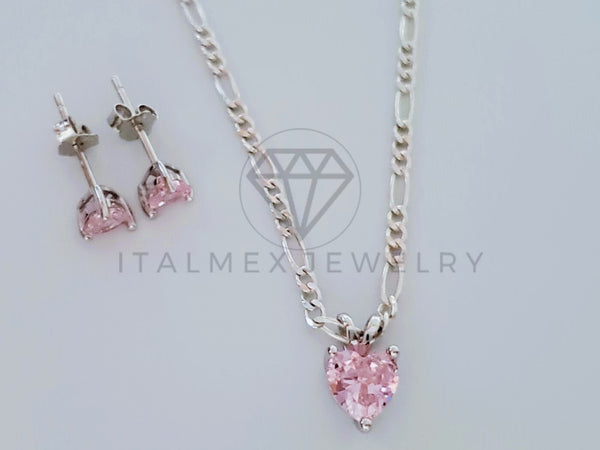 Juego Collar de Lujo - 105081 - Estilo Corazon Circonia Rosa Plata Fina .925
