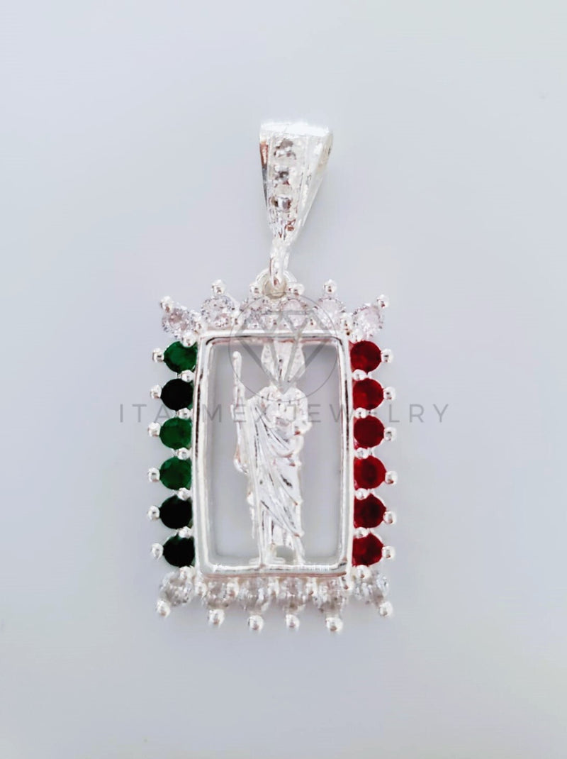 Dije Religioso - 104808 - Medalla San Judas Tadeo CZ Tricolor Mediana Plata .925
