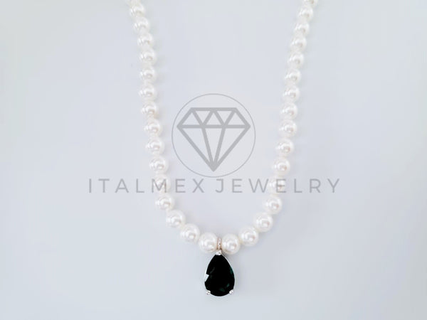 Collar de Lujo - 104976 - Estilo Perla 5mm Circonia Verde Plata Fina .925