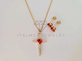 Juego de Lujo - 105269 - Diseño Cruz y Corazon Circonia Roja - Oro Laminado 18K
