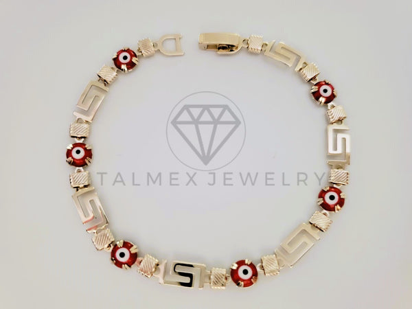 Pulsera de Lujo - 105312 - Pulsera Grecas y Ojo Turco Rojo - Oro Laminado 18K