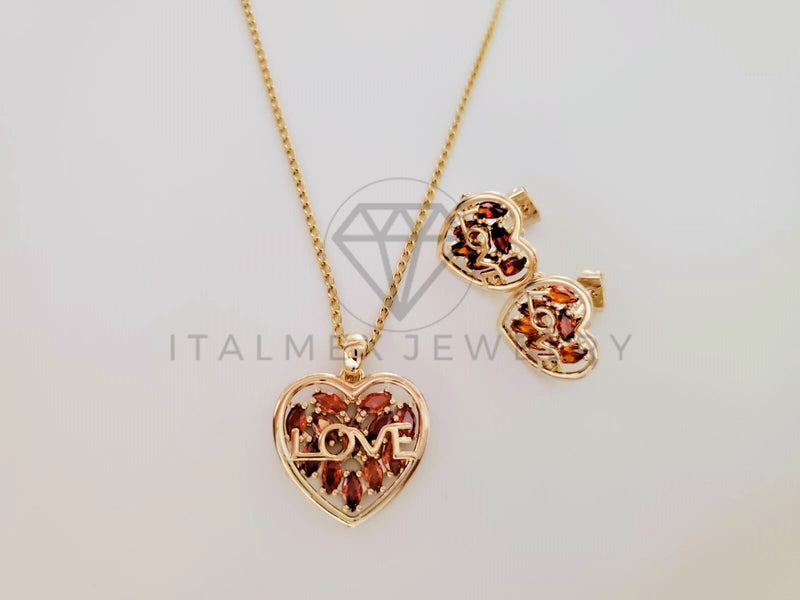 Juego de Lujo - 105261 - Diseño Corazón Love Circonia Roja Oro Laminado 18K