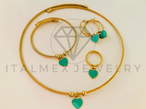 Juego de Lujo - 105437 - Juego Inspiración Corazon Verde Collar, Anillo, Aretes y Pulsera Oro Laminado 18K