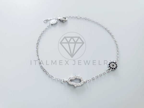 Pulsera de Lujo - 104773 - Diseño Ojo Turco y Mano Hamsa Circonia Azul Plata Fina .925