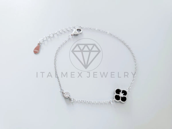 Pulsera de Lujo - 104776 - Diseño Trebol Negro Circonia Clara Plata Fina .925