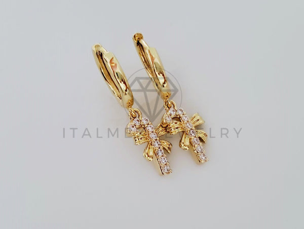 Arete de Lujo - 105008 - Diseño Navideño Baston y Moño Oro Laminado 18K