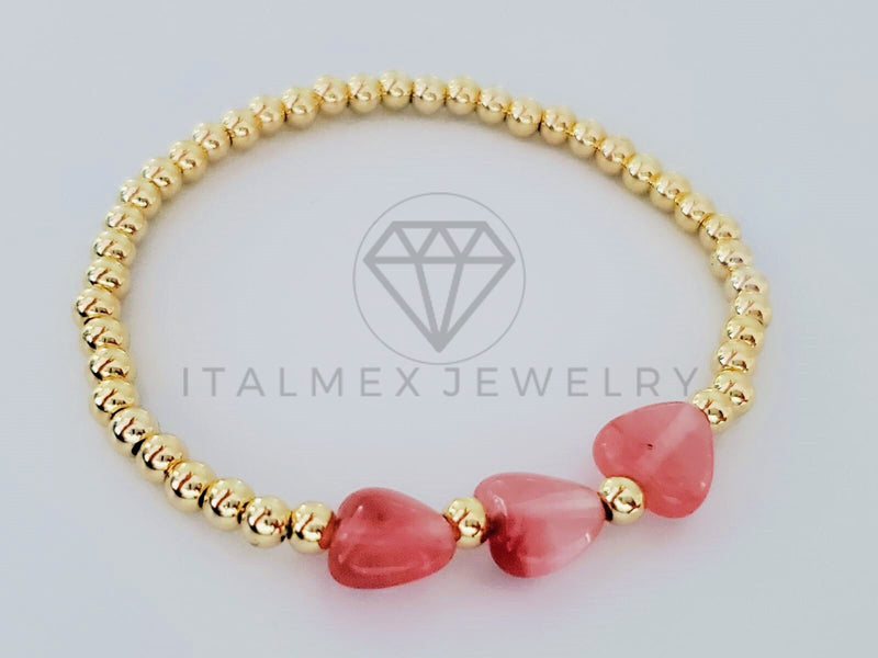 Pulsera de Lujo - 105012 - Diseño Bolitas con Corazón Piedra Natural Oro Laminado 18K