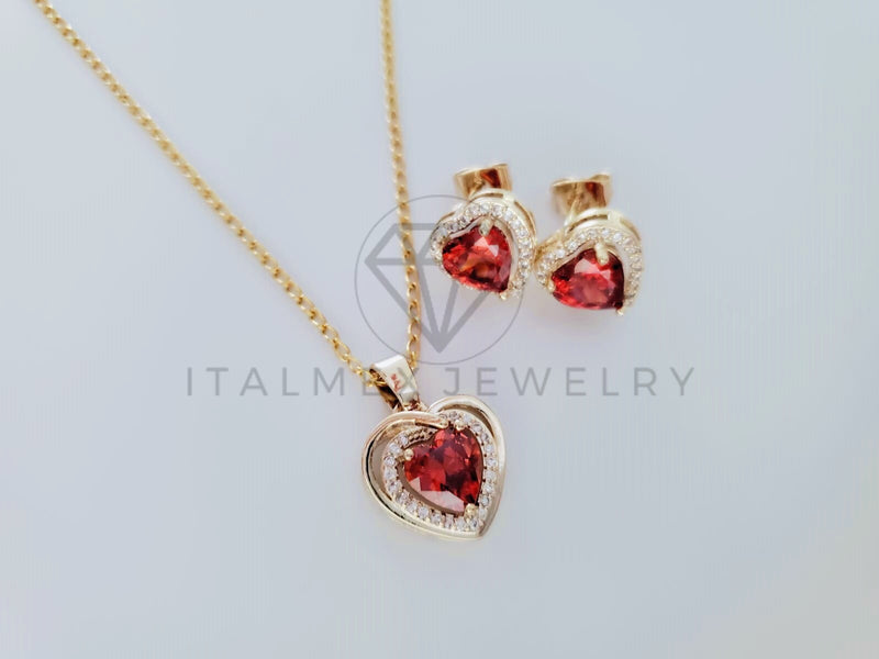 Juego de Lujo - 105252 - Diseño Corazón con Circonia Roja Oro Laminado 18K