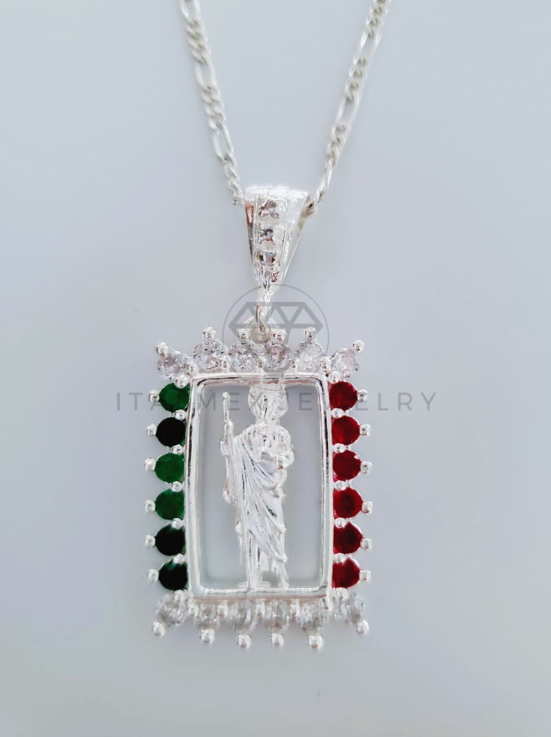 Dije Religioso - 104808 - Medalla San Judas Tadeo CZ Tricolor Mediana Plata .925