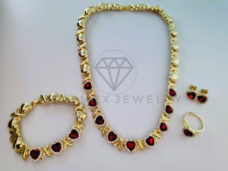 Juego de Lujo - 105092 - Corazones Circonia Roja Collar, Anillo, Aretes y Pulsera Oro Laminado 18K