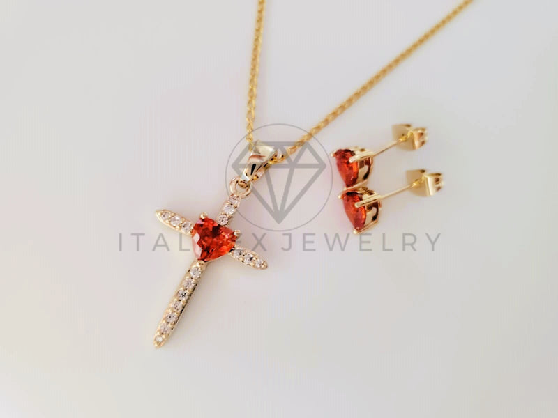 Juego de Lujo - 105269 - Diseño Cruz y Corazon Circonia Roja - Oro Laminado 18K