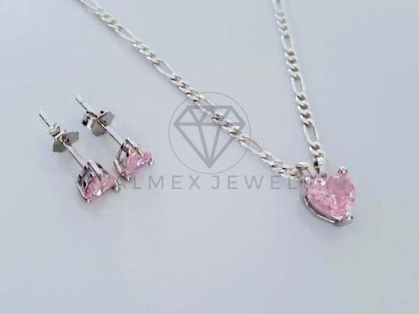 Juego Collar de Lujo - 105081 - Estilo Corazon Circonia Rosa Plata Fina .925