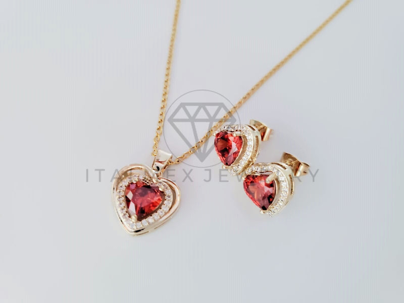 Juego de Lujo - 105252 - Diseño Corazón con Circonia Roja Oro Laminado 18K