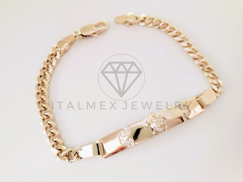 Pulsera de Lujo - 105298 - Esclava Cubana Placa Tortuga y Circonia Clara Oro Laminado 18K