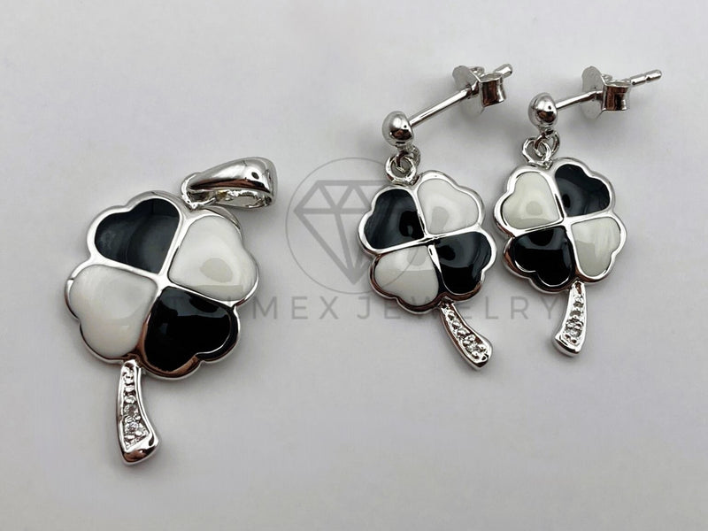 Juego Collar de Lujo - 105470 - Estilo Trebol Blanco y Negro Circonia Plata .925