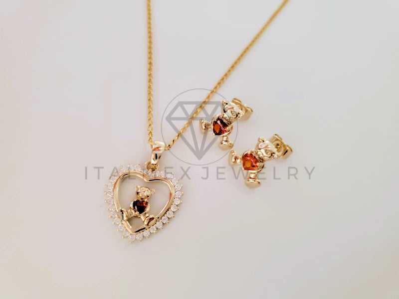Juego de Lujo - 105260 - Diseño Corazón Osito Circonia Roja Oro Laminado 18K
