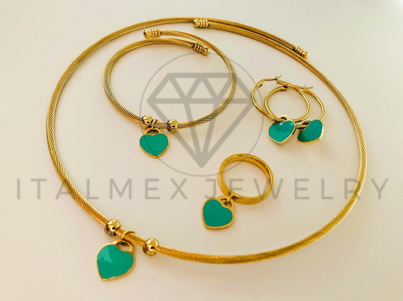 Juego de Lujo - 105437 - Juego Inspiración Corazon Verde Collar, Anillo, Aretes y Pulsera Oro Laminado 18K