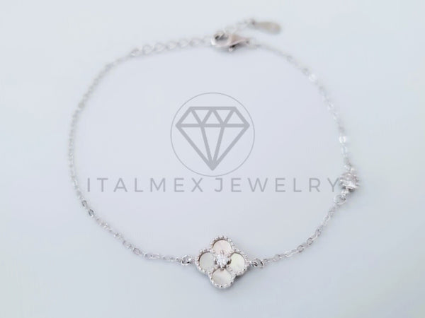 Pulsera de Lujo - 104978 - Diseño Trebol Madre Perla Circonia Clara Plata Fina .925