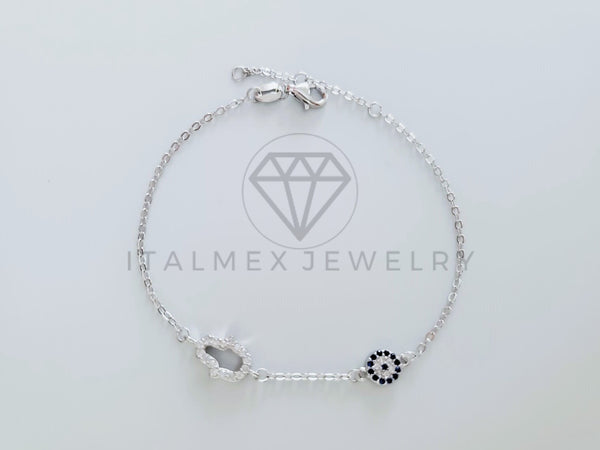 Pulsera de Lujo - 104773 - Diseño Ojo Turco y Mano Hamsa Circonia Azul Plata Fina .925