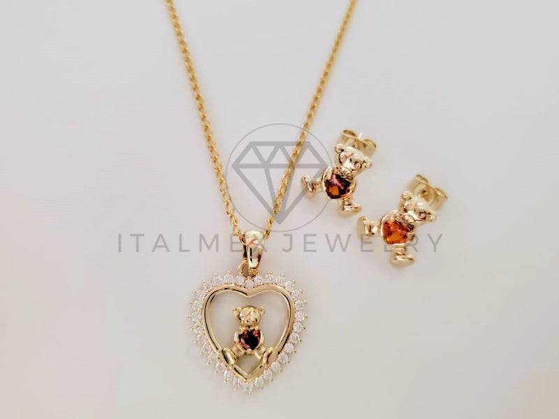 Juego de Lujo - 105260 - Diseño Corazón Osito Circonia Roja Oro Laminado 18K