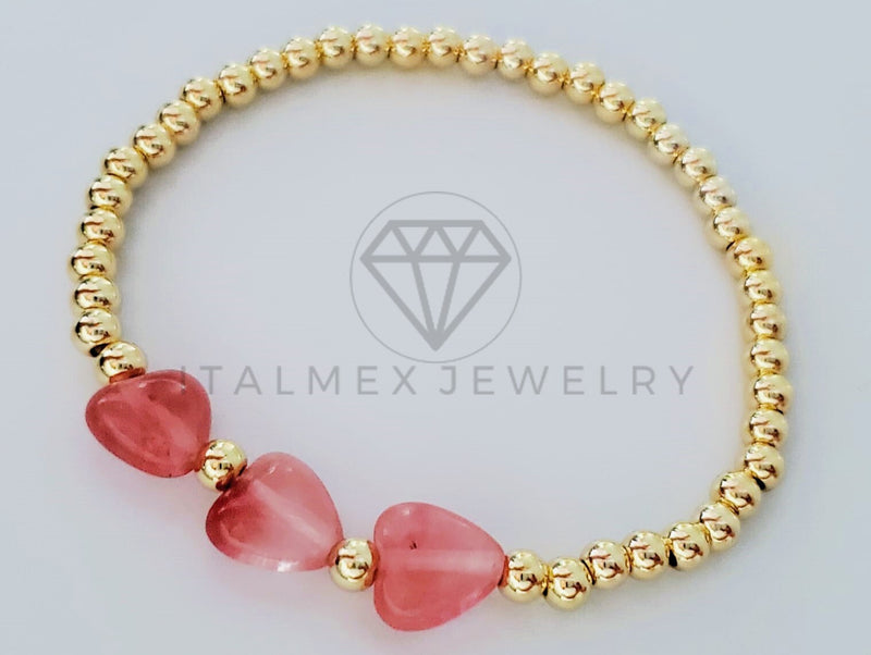 Pulsera de Lujo - 105012 - Diseño Bolitas con Corazón Piedra Natural Oro Laminado 18K