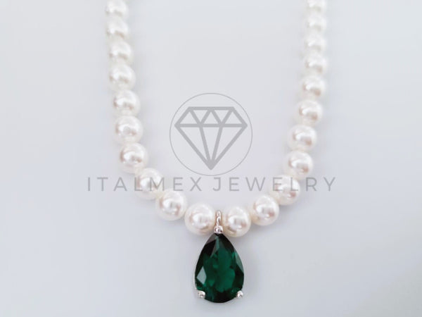 Collar de Lujo - 104976 - Estilo Perla 5mm Circonia Verde Plata Fina .925