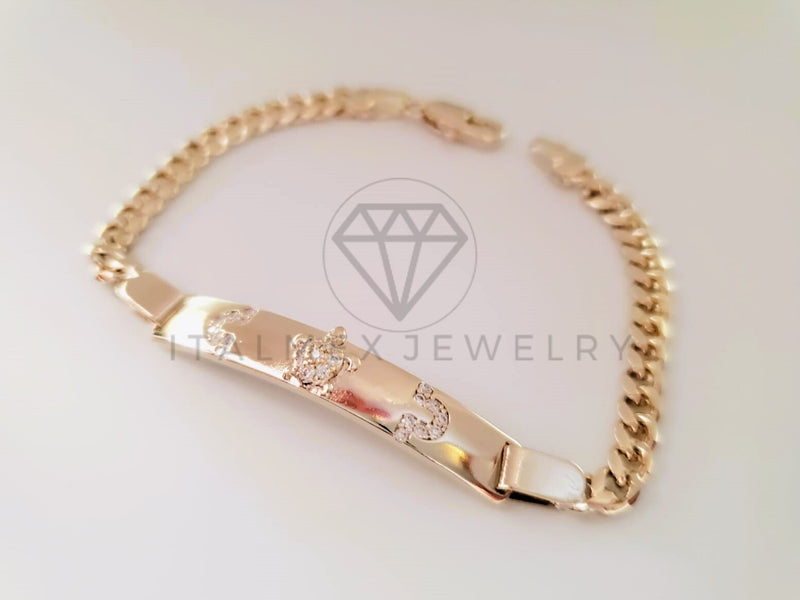 Pulsera de Lujo - 105298 - Esclava Cubana Placa Tortuga y Circonia Clara Oro Laminado 18K