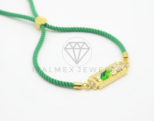 Pulsera de Lujo- 106421 - Pulsera Ajustable Verde con Dije de San Judas CZ Oro Laminado 18K