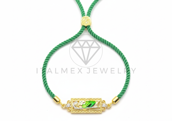 Pulsera de Lujo- 106421 - Pulsera Ajustable Verde con Dije de San Judas CZ Oro Laminado 18K