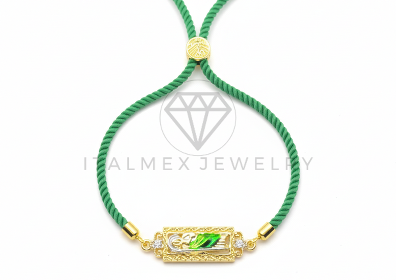 Pulsera de Lujo- 106421 - Pulsera Ajustable Verde con Dije de San Judas CZ Oro Laminado 18K