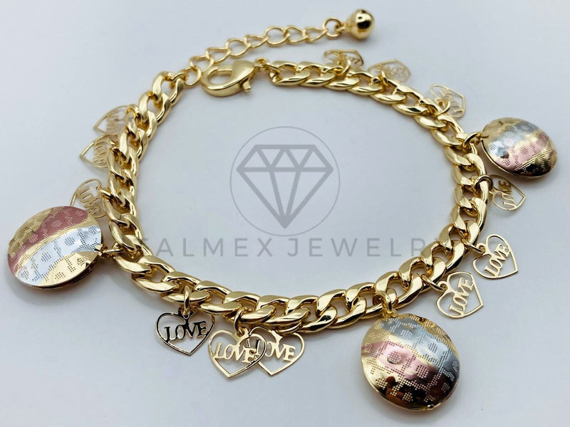 Pulsera de Lujo - 105819 - Pulsera Charms Flores y Corazones 3 Tonos Oro Laminado 18K