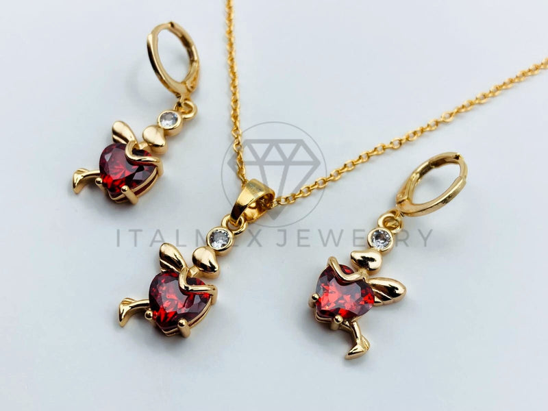 Juego de Lujo - 105864 - Juego Cupido Corazon Circonia Roja Oro Laminado 18K