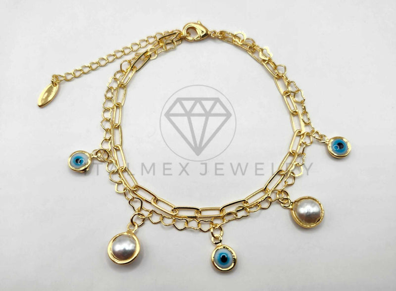 Tobillera Ajustable - 106383 - Tobillera Ojo Turco y Perla Oro Laminado 18K