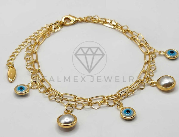 Tobillera Ajustable - 106383 - Tobillera Ojo Turco y Perla Oro Laminado 18K