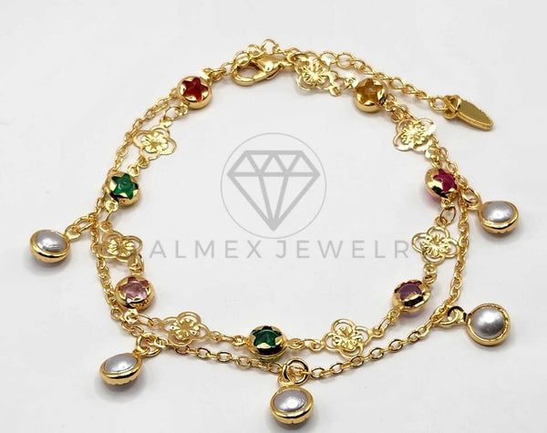 Tobillera Ajustable - 106384 - Tobillera Perla y Flores con CZ Colores Oro Laminado 18K