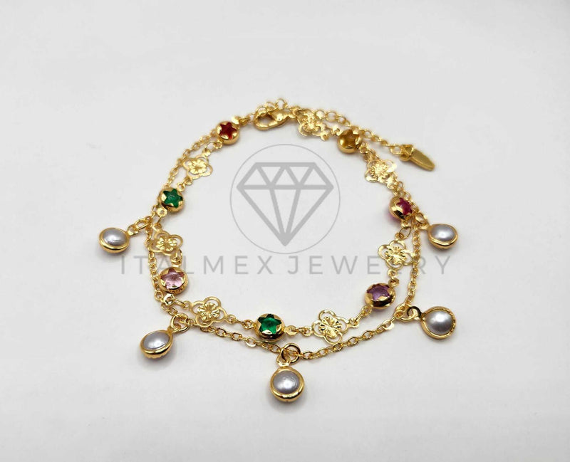 Tobillera Ajustable - 106384 - Tobillera Perla y Flores con CZ Colores Oro Laminado 18K